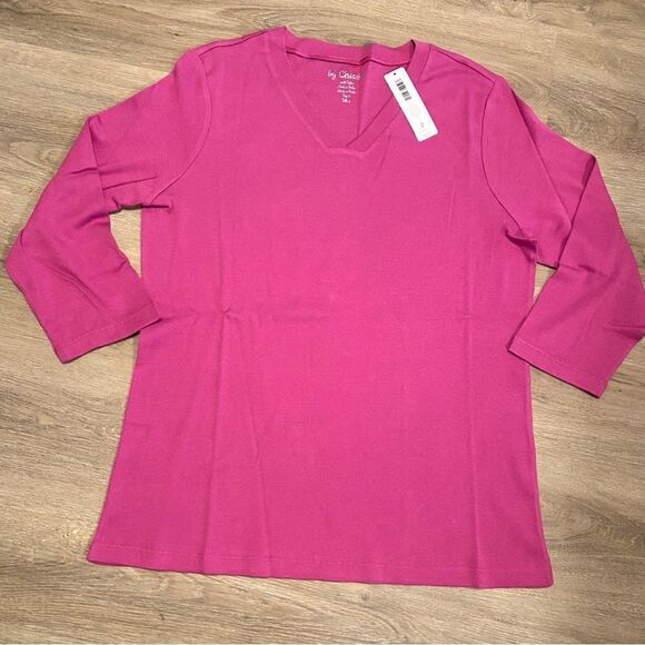 JADE V-NECK 3/4 LENGTH SLEEVE TEE WILD MULBERRY / CHICOS SZ 2 (=L or 12) - Picture 2 of 6